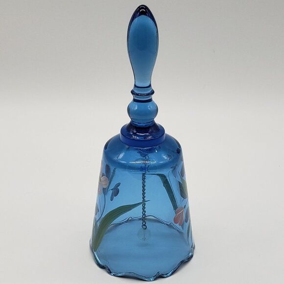 Fenton Signed Hand Painted Blue Floral Art Glass Bell - Picture 9 of 12